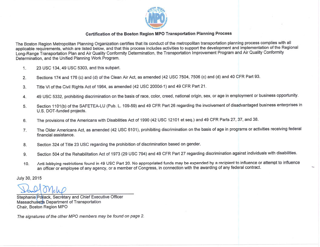 SELF CERTIFICATION DOCUMENTS OF THE BOSTON REGION MPO